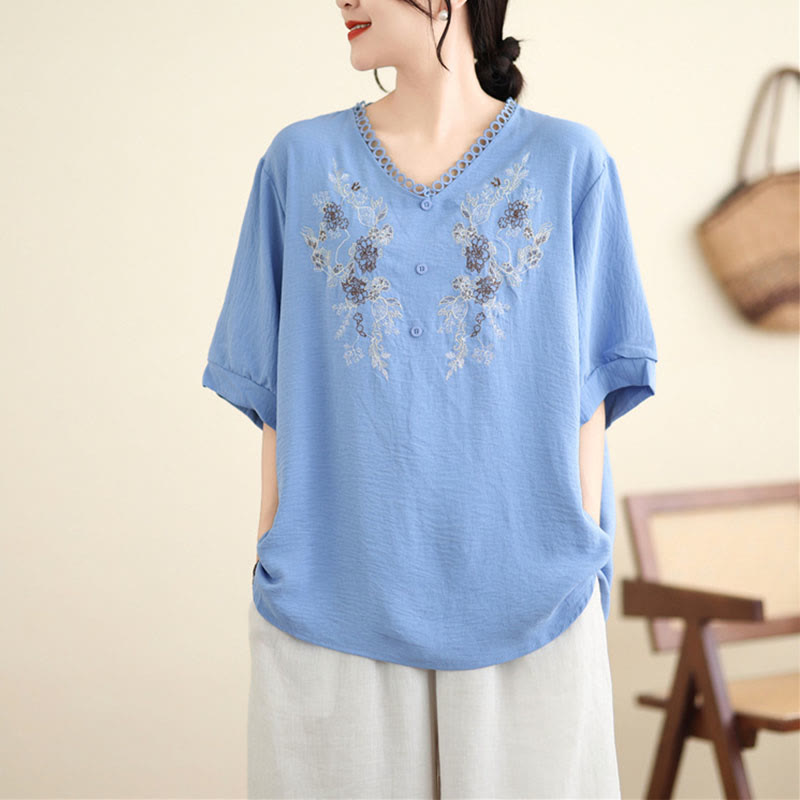 Mythstone Floral Embroidery V-Neck Half Sleeve T-shirt Tee