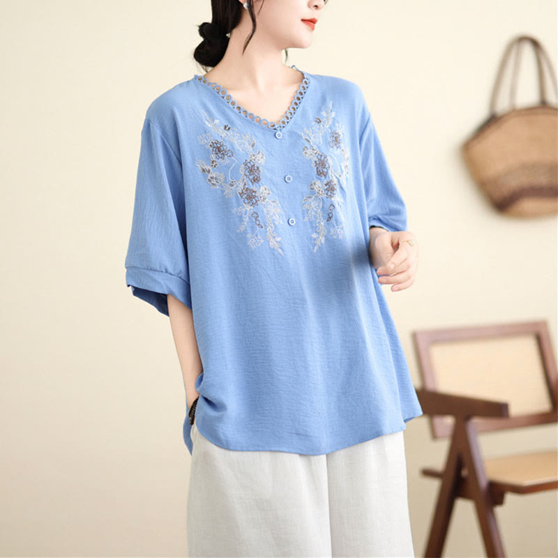 Mythstone Floral Embroidery V-Neck Half Sleeve T-shirt Tee