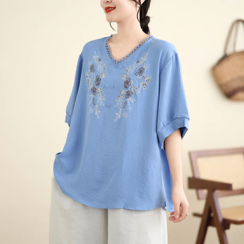 Mythstone Floral Embroidery V-Neck Half Sleeve T-shirt Tee