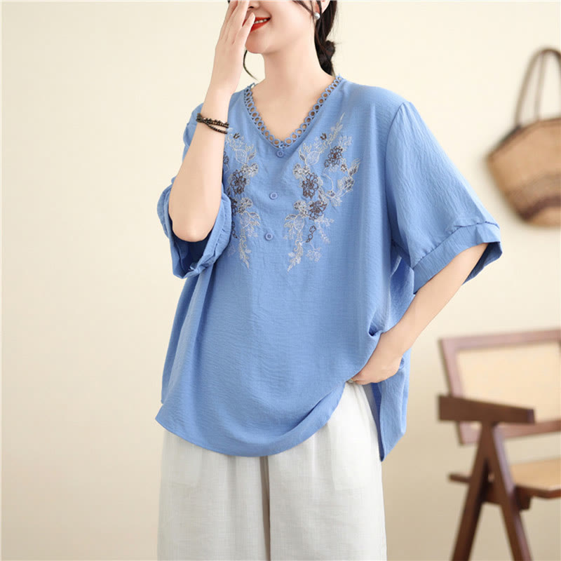 Mythstone Floral Embroidery V-Neck Half Sleeve T-shirt Tee