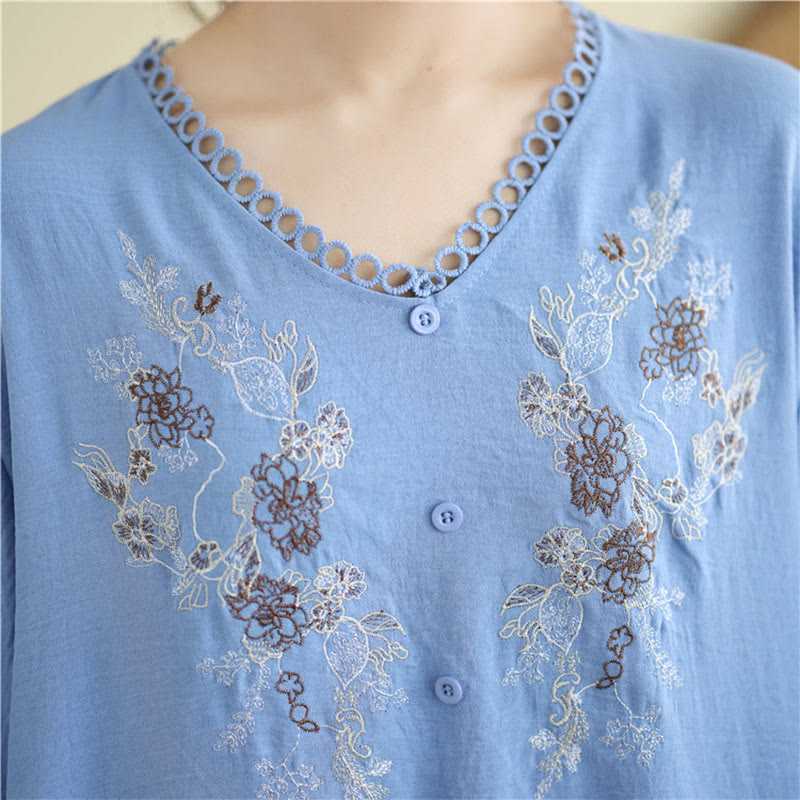 Mythstone Floral Embroidery V-Neck Half Sleeve T-shirt Tee