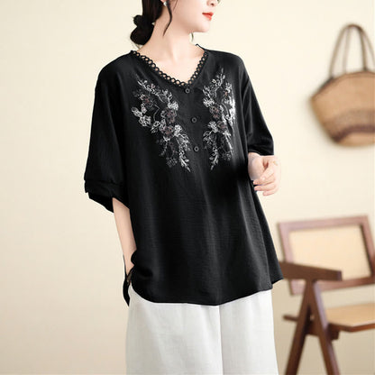 Mythstone Floral Embroidery V-Neck Half Sleeve T-shirt Tee