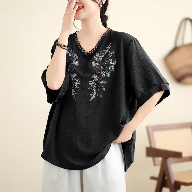 Mythstone Floral Embroidery V-Neck Half Sleeve T-shirt Tee