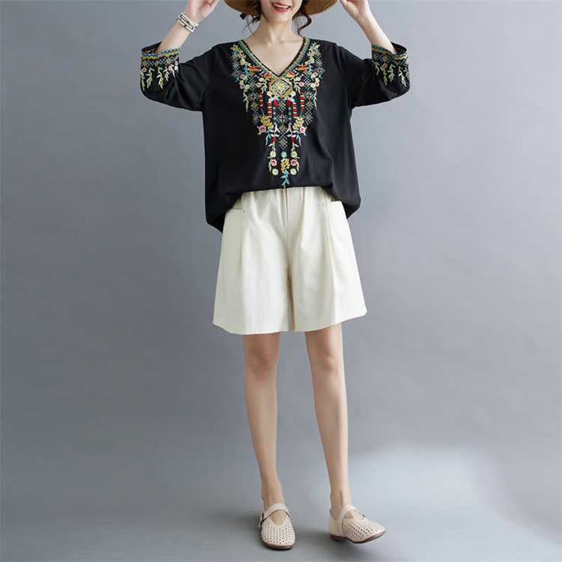 Mythstone Ethnic Style Floral Embroidery V-Neck Three Quarter Sleeve T-shirt Tee