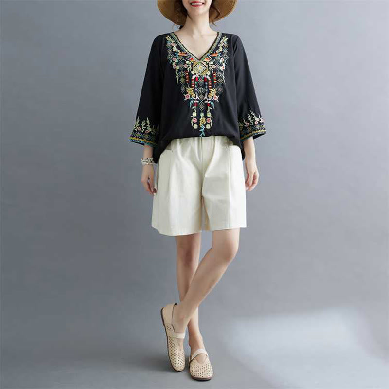 Mythstone Ethnic Style Floral Embroidery V-Neck Three Quarter Sleeve T-shirt Tee