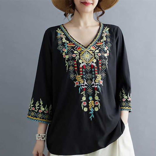 Mythstone Ethnic Style Floral Embroidery V-Neck Three Quarter Sleeve T-shirt Tee