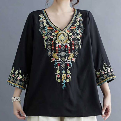 Mythstone Ethnic Style Floral Embroidery V-Neck Three Quarter Sleeve T-shirt Tee