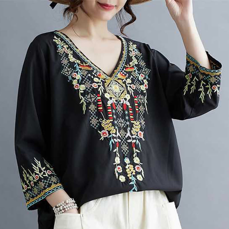 Mythstone Ethnic Style Floral Embroidery V-Neck Three Quarter Sleeve T-shirt Tee