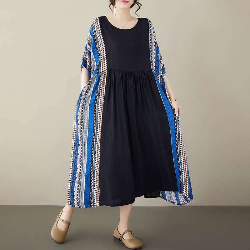 Mythstone Black Blue Stripes Short Sleeve Midi Dress With Pockets