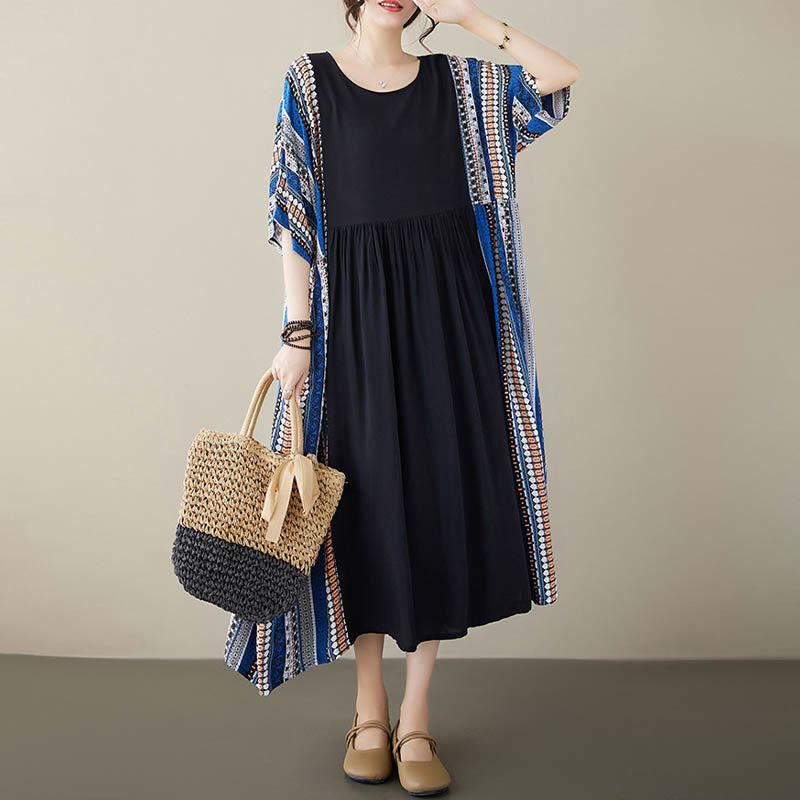 Mythstone Black Blue Stripes Short Sleeve Midi Dress With Pockets