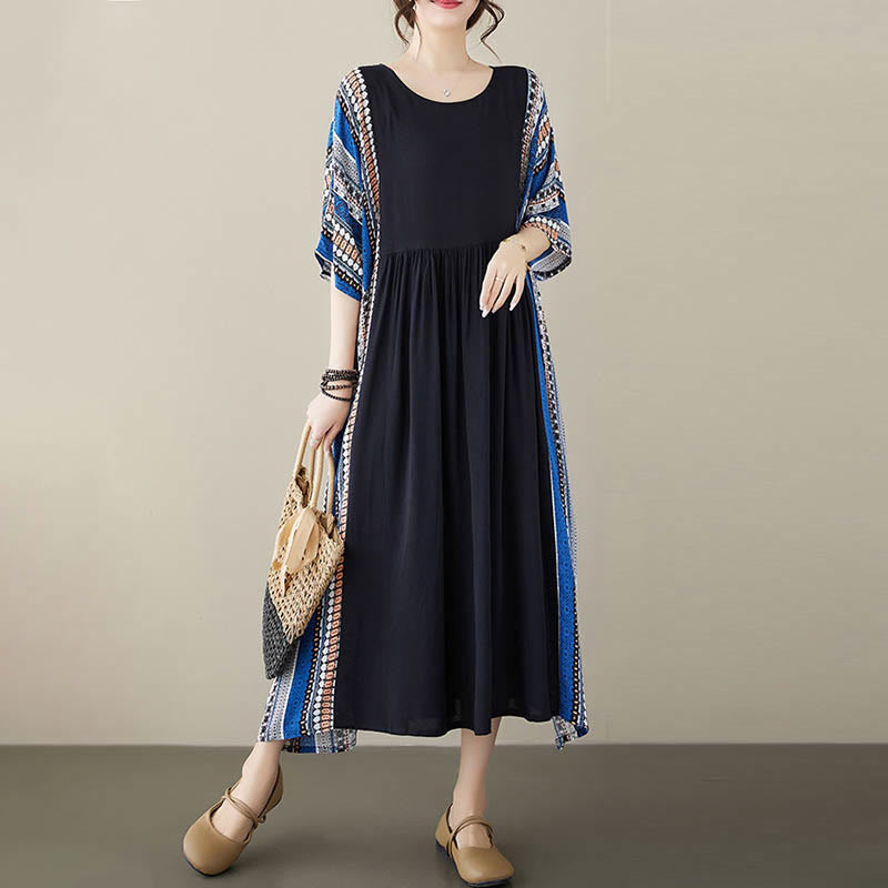 Mythstone Black Blue Stripes Short Sleeve Midi Dress With Pockets