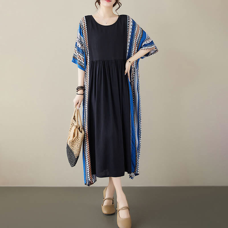 Mythstone Black Blue Stripes Short Sleeve Midi Dress With Pockets