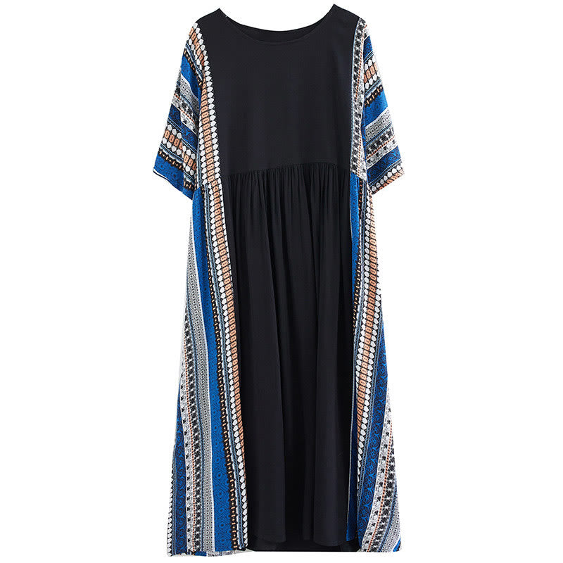 Mythstone Black Blue Stripes Short Sleeve Midi Dress With Pockets