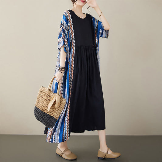 Mythstone Black Blue Stripes Short Sleeve Midi Dress With Pockets