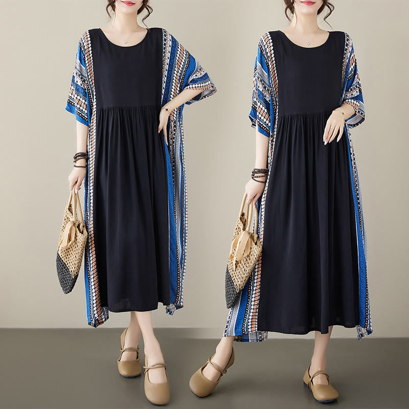 Mythstone Black Blue Stripes Short Sleeve Midi Dress With Pockets