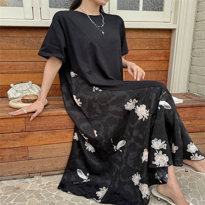 Mythstone Casual Flower Jacquard Short Sleeve T-Shirt Midi Dress