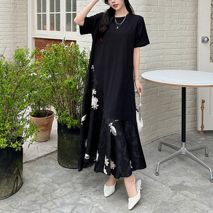 Mythstone Casual Flower Jacquard Short Sleeve T-Shirt Midi Dress