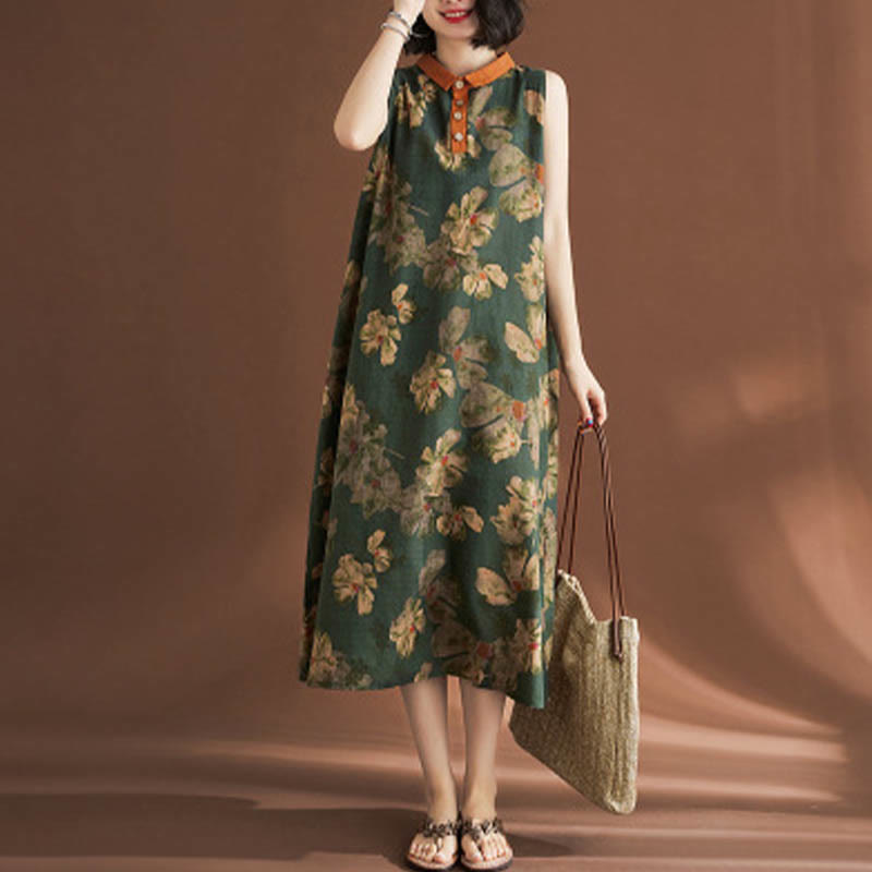 Mythstone Casual Sleeveless Flower Printed Button Cotton Linen Midi Dress