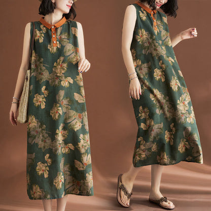 Mythstone Casual Sleeveless Flower Printed Button Cotton Linen Midi Dress