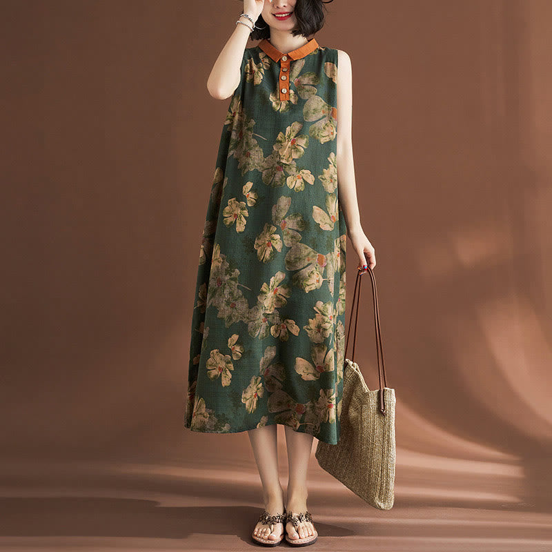 Mythstone Casual Sleeveless Flower Printed Button Cotton Linen Midi Dress