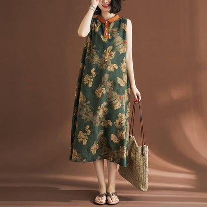 Mythstone Casual Sleeveless Flower Printed Button Cotton Linen Midi Dress