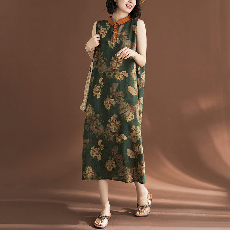 Mythstone Casual Sleeveless Flower Printed Button Cotton Linen Midi Dress