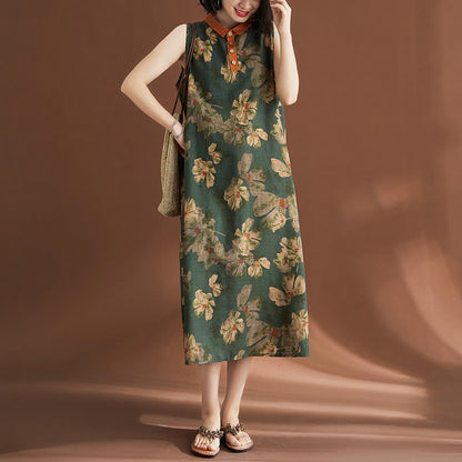 Mythstone Casual Sleeveless Flower Printed Button Cotton Linen Midi Dress