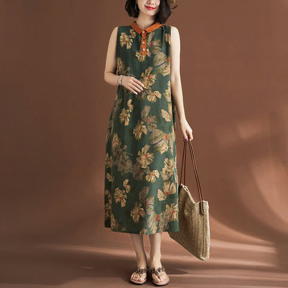 Mythstone Casual Sleeveless Flower Printed Button Cotton Linen Midi Dress