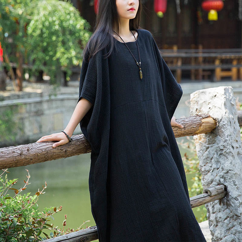 Mythstone Solid Color Loose Batwing Sleeve Maxi Dress With Pockets