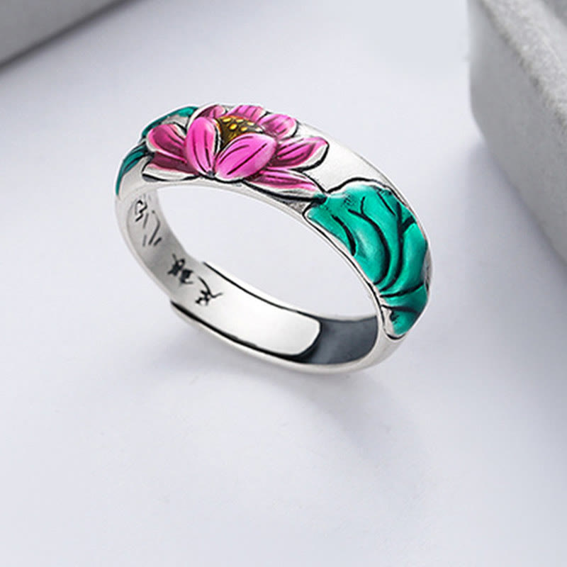 Anillo de plata de ley 925 con diseño de flor de loto y sutra del corazón