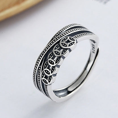 Anillo ajustable Mythstone con bendición de riqueza y monedas de cobre en plata de ley 925