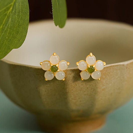 Mythstone 925 Sterling Silver Hetian Jade Luck Flower Stud Earrings