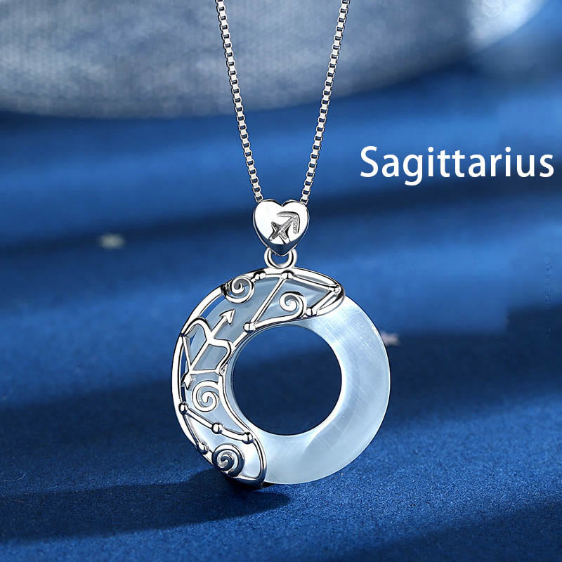 Mythstone 925 Sterling Silver 12 Constellations of the Zodiac Cat's Eye Love Support Necklace Pendant