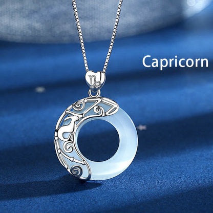 Mythstone 925 Sterling Silver 12 Constellations of the Zodiac Cat's Eye Love Support Necklace Pendant