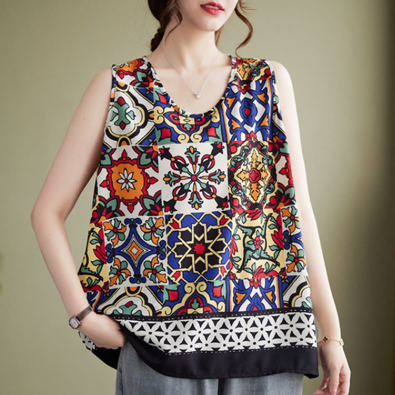 Mythstone Ethnic Geometry Print Crew Neck Tank Top