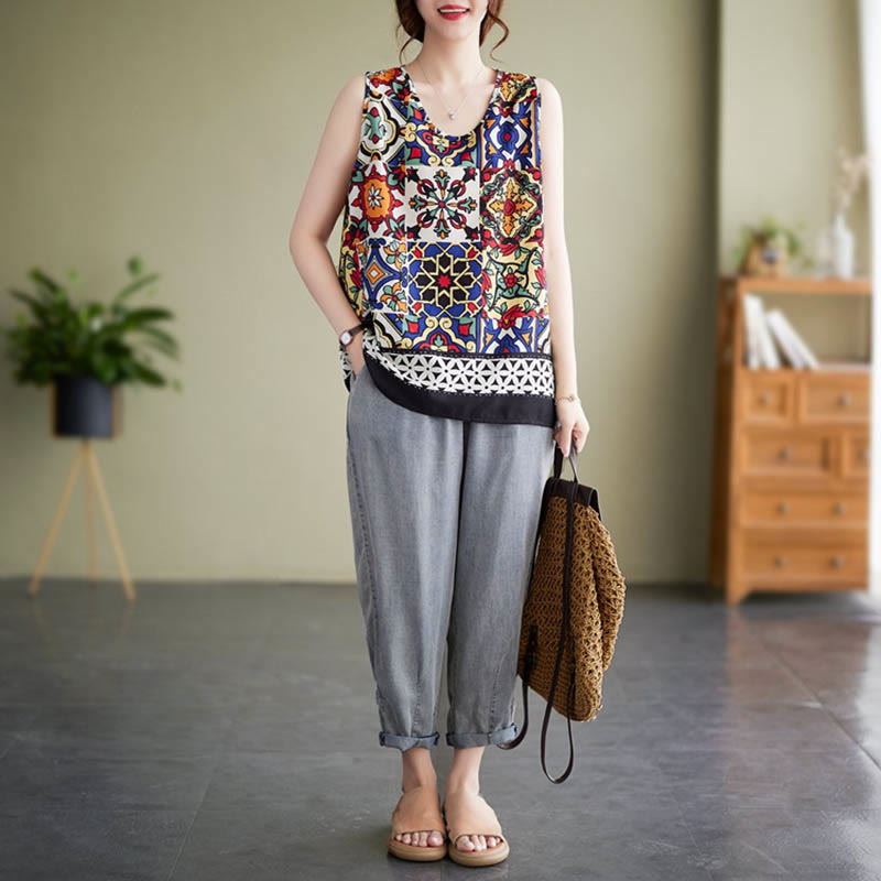 Mythstone Ethnic Geometry Print Crew Neck Tank Top