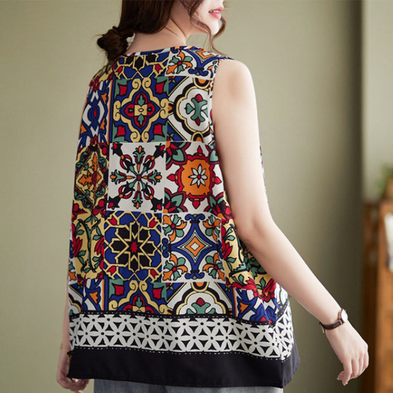 Mythstone Ethnic Geometry Print Crew Neck Tank Top