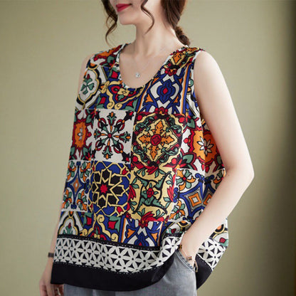 Mythstone Ethnic Geometry Print Crew Neck Tank Top