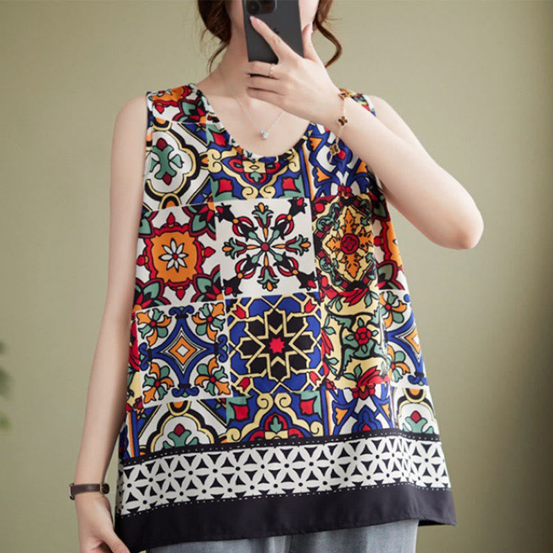 Mythstone Ethnic Geometry Print Crew Neck Tank Top