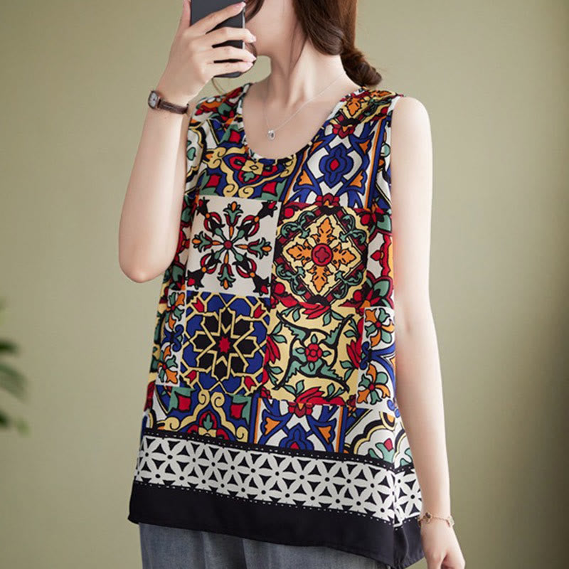 Mythstone Ethnic Geometry Print Crew Neck Tank Top