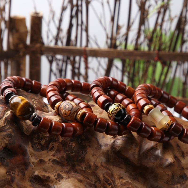 Mythstone Tibetan Yak Bone Three-Eyed Dzi Bead Sheep Horn Red Agate Strength Bracelet