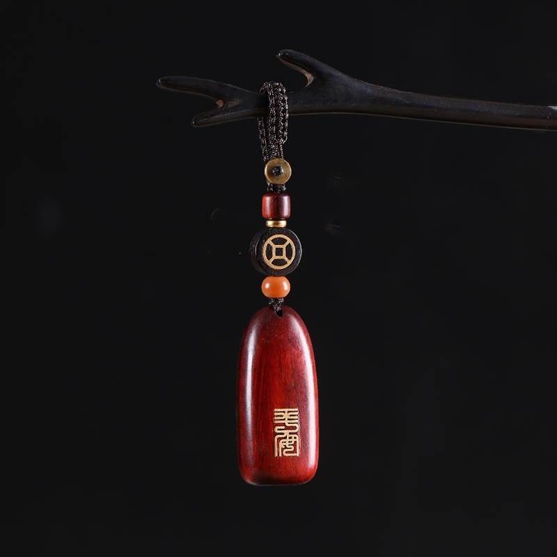 Mythstone Small Leaf Red Sandalwood Ebony Wood Peace Auspicious Copper Coin Protection Key Chain