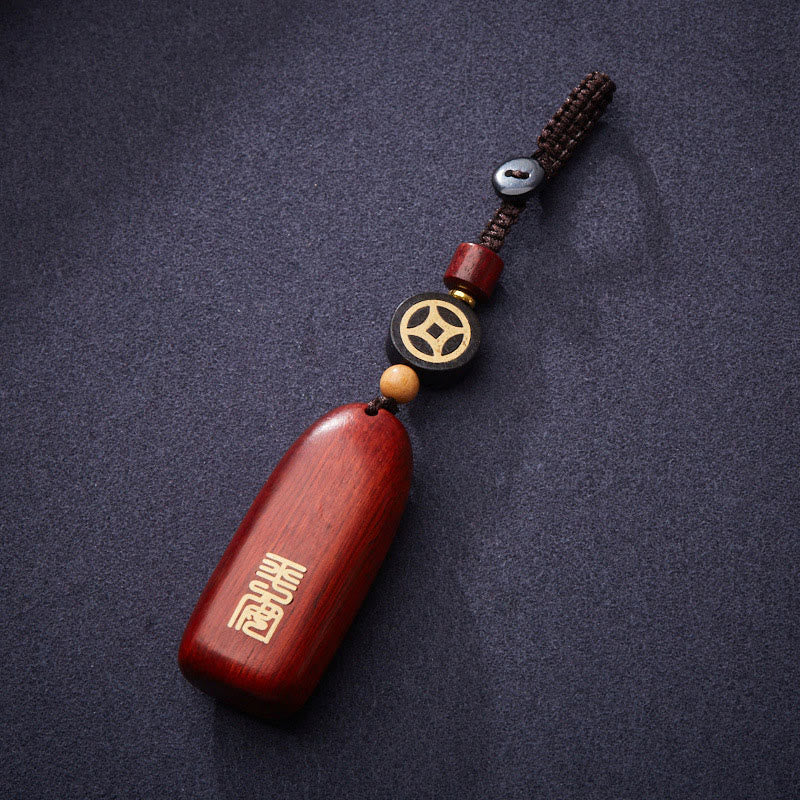 Mythstone Small Leaf Red Sandalwood Ebony Wood Peace Auspicious Copper Coin Protection Key Chain