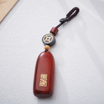 Mythstone Small Leaf Red Sandalwood Ebony Wood Peace Auspicious Copper Coin Protection Key Chain