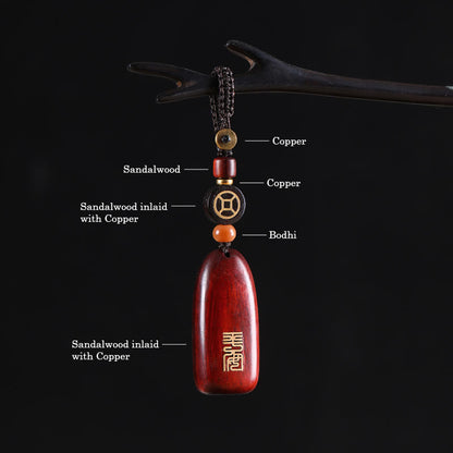 Mythstone Small Leaf Red Sandalwood Ebony Wood Peace Auspicious Copper Coin Protection Key Chain