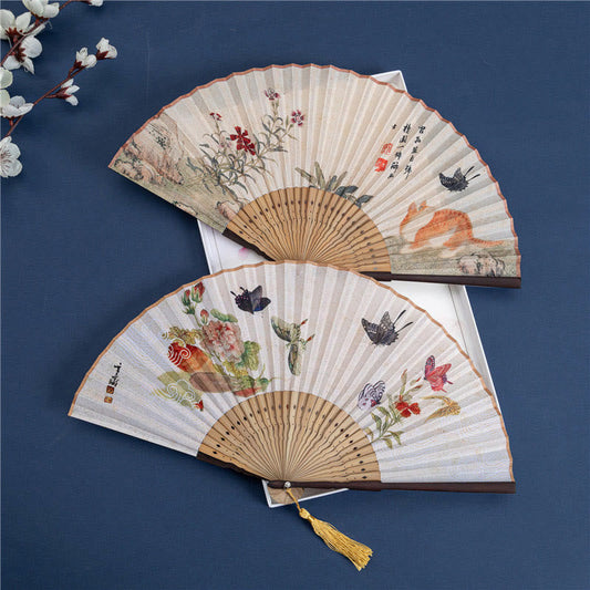 Mythstone Butterfly Orchid Cat Handheld Cotton Linen Bamboo Folding Fan 22cm