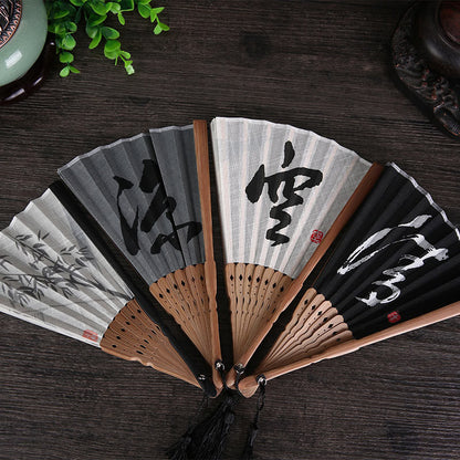 Mythstone Chinese Characters Golden Dragonfly Handheld Cotton Linen Bamboo Folding Fan 22cm