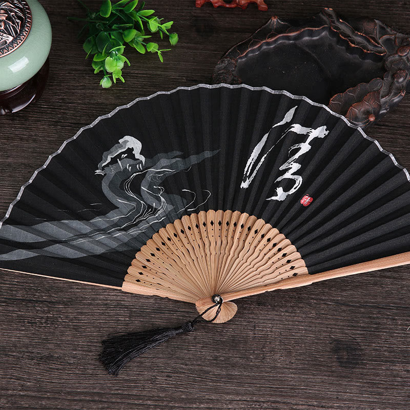 Mythstone Chinese Characters Golden Dragonfly Handheld Cotton Linen Bamboo Folding Fan 22cm