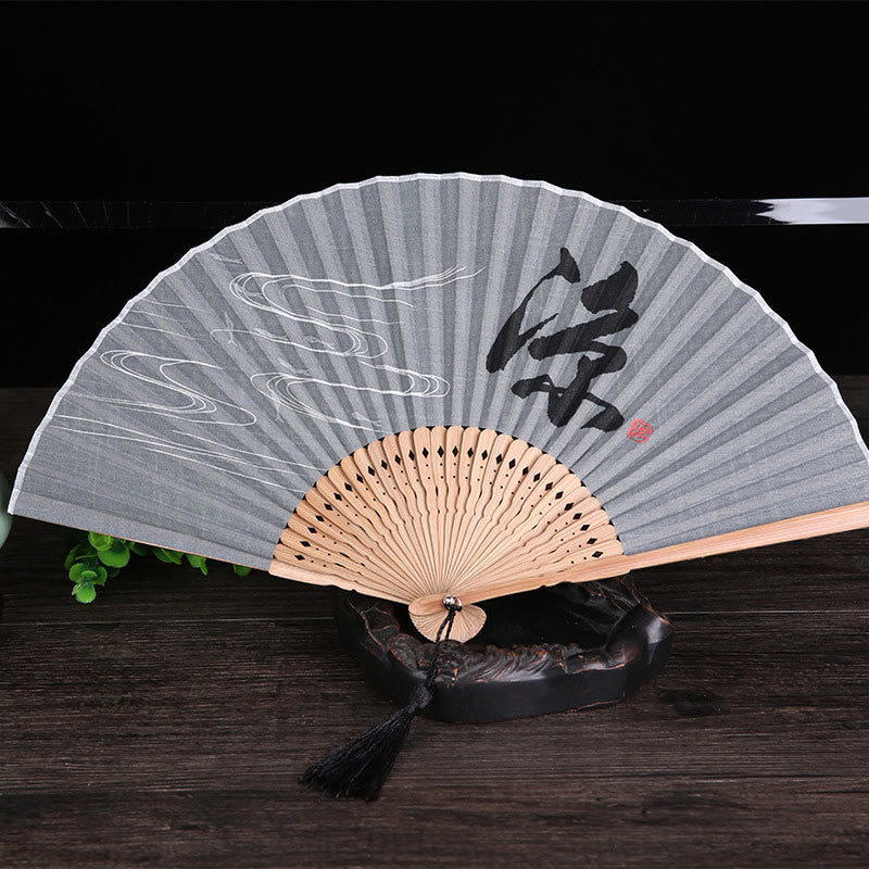 Mythstone Chinese Characters Golden Dragonfly Handheld Cotton Linen Bamboo Folding Fan 22cm