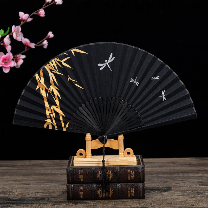 Mythstone Chinese Characters Golden Dragonfly Handheld Cotton Linen Bamboo Folding Fan 22cm